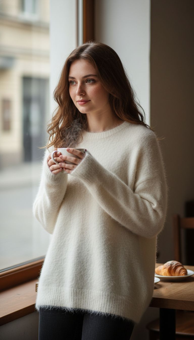Women's Warm Alpaca Pullover - Loose Dropped Sleeve - Back View