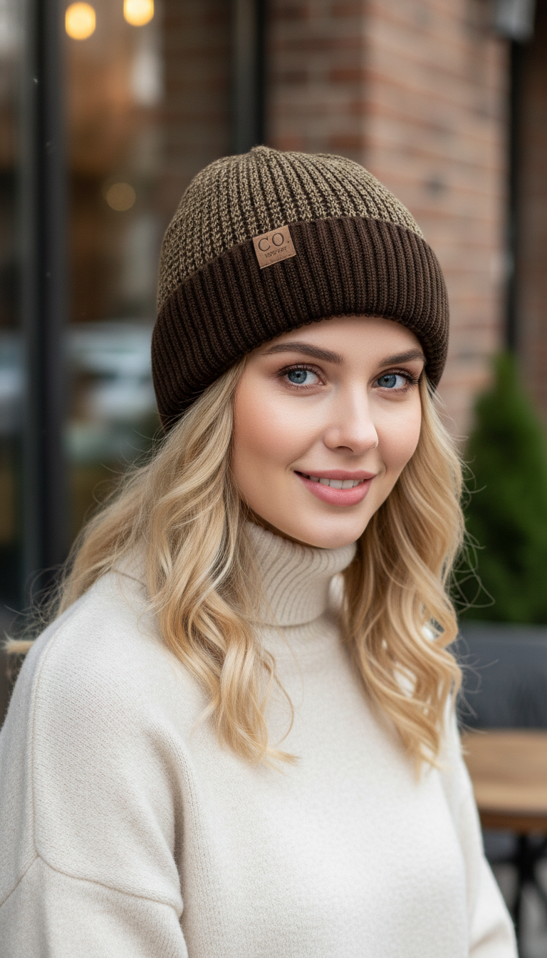 Fur-Lined Two-Tone Beanie – Unisex Knitted Hat in - Image 9