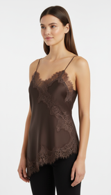 Damen Asymmetrisches Satin-Top – Schulterfreies Spitzen-Cami mit Rückenausschnitt