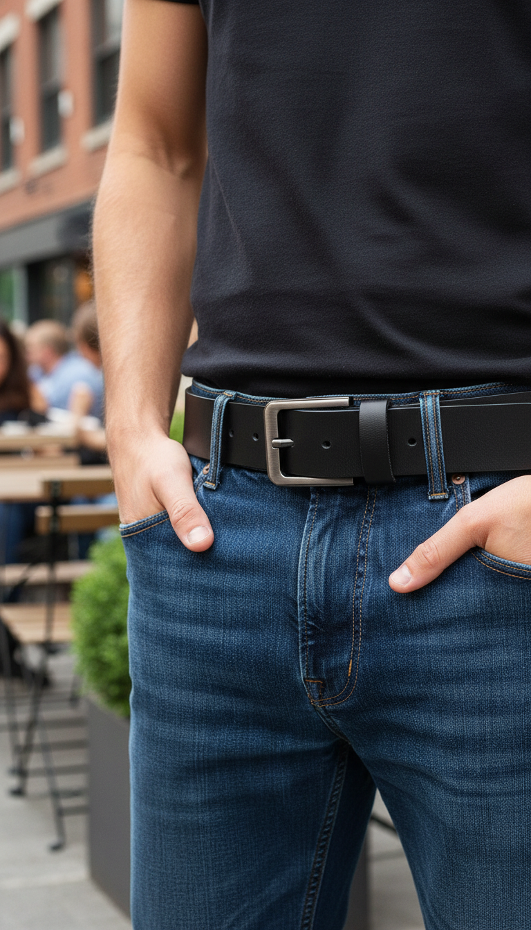 Men's Genuine Leather Belt - Long Large Pin - Front View