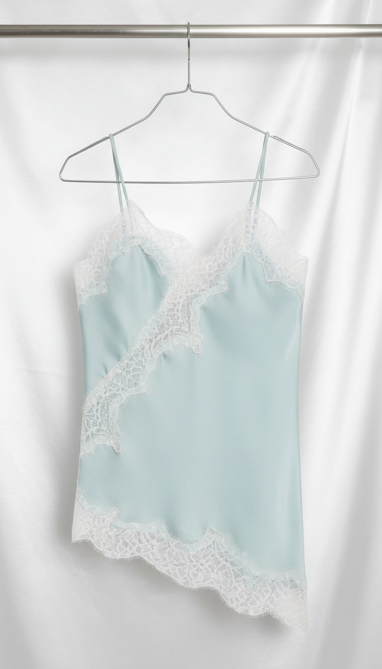 Women's Asymmetrical Satin Slip Top - Off-Shoulder Lace - Front View