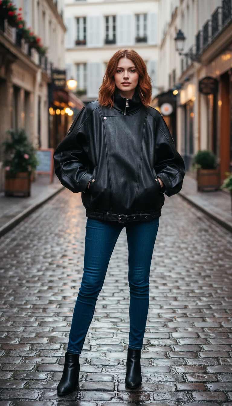 Women's Faux Leather Motorcycle Jacket - Retro Office - Front View