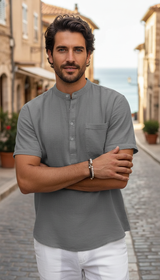 Cotton Linen Henley Shirt – Men's Short Sleeve - Side View