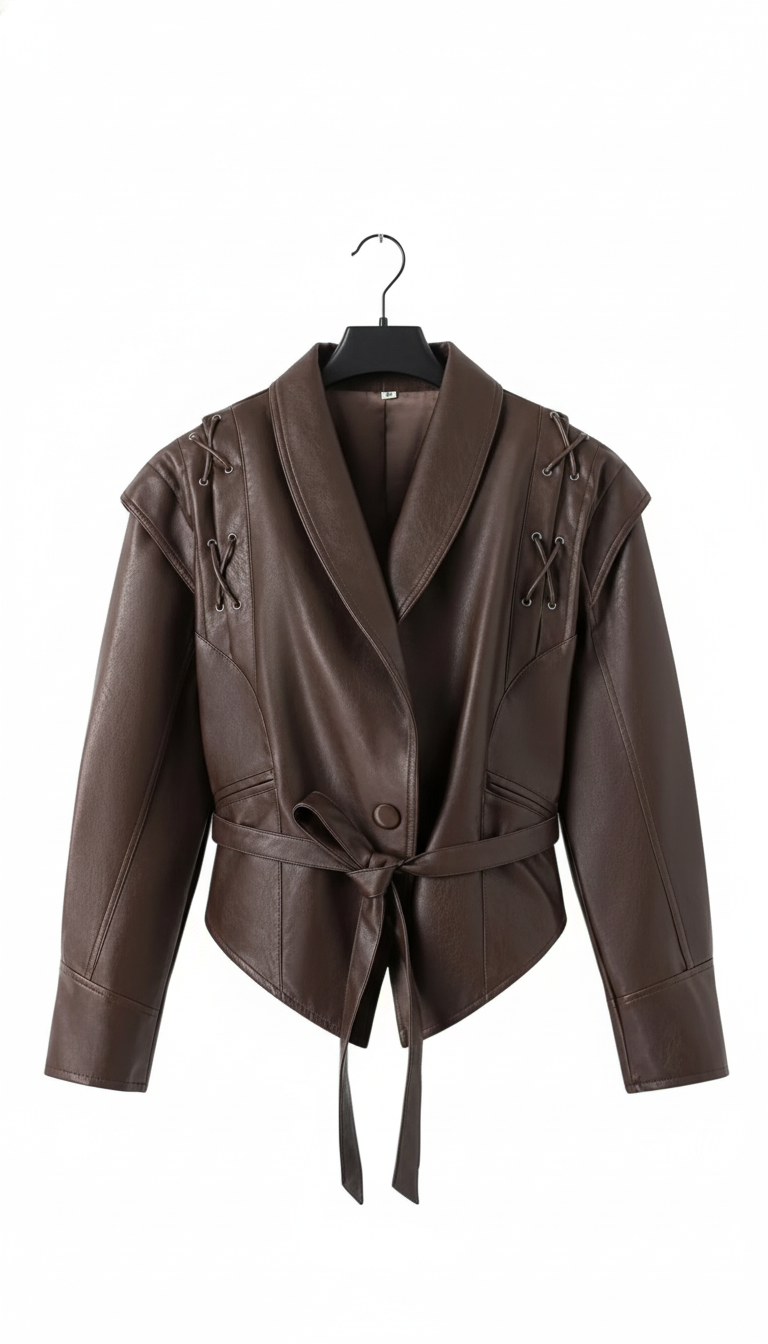 Women's Oversized Belted Faux Leather Jacket - Dropped - Side View
