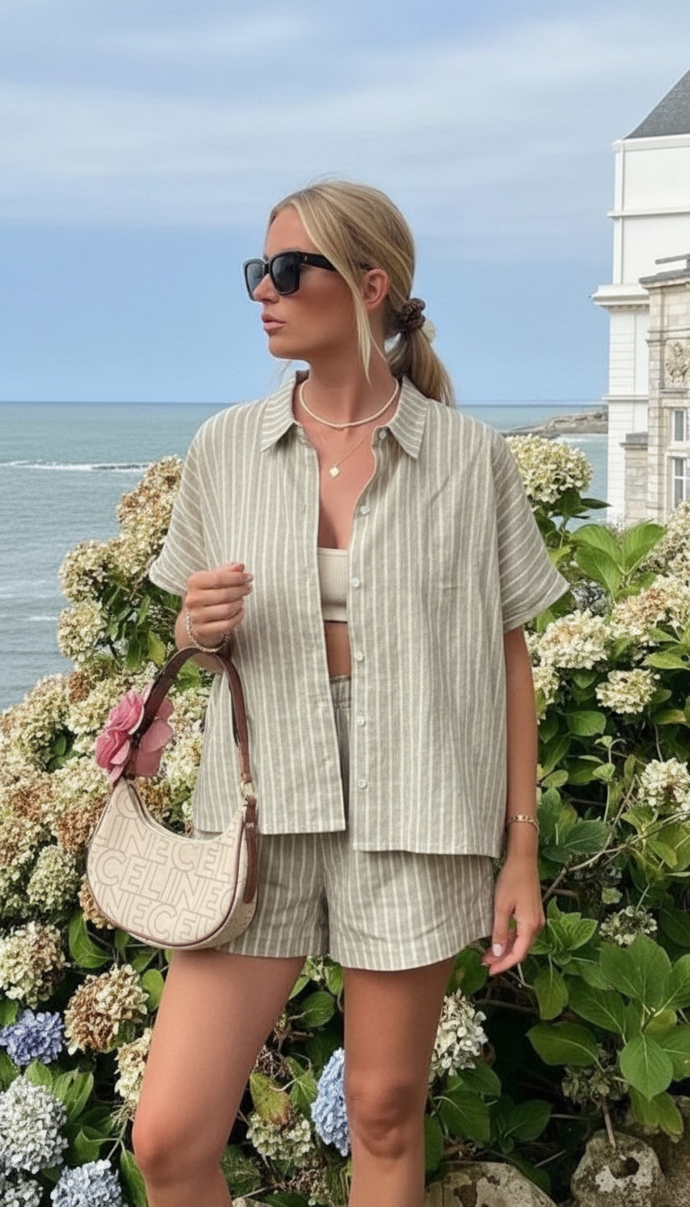 Women's Striped 2-Piece Shorts Set - V-Neck Shirt - Front View