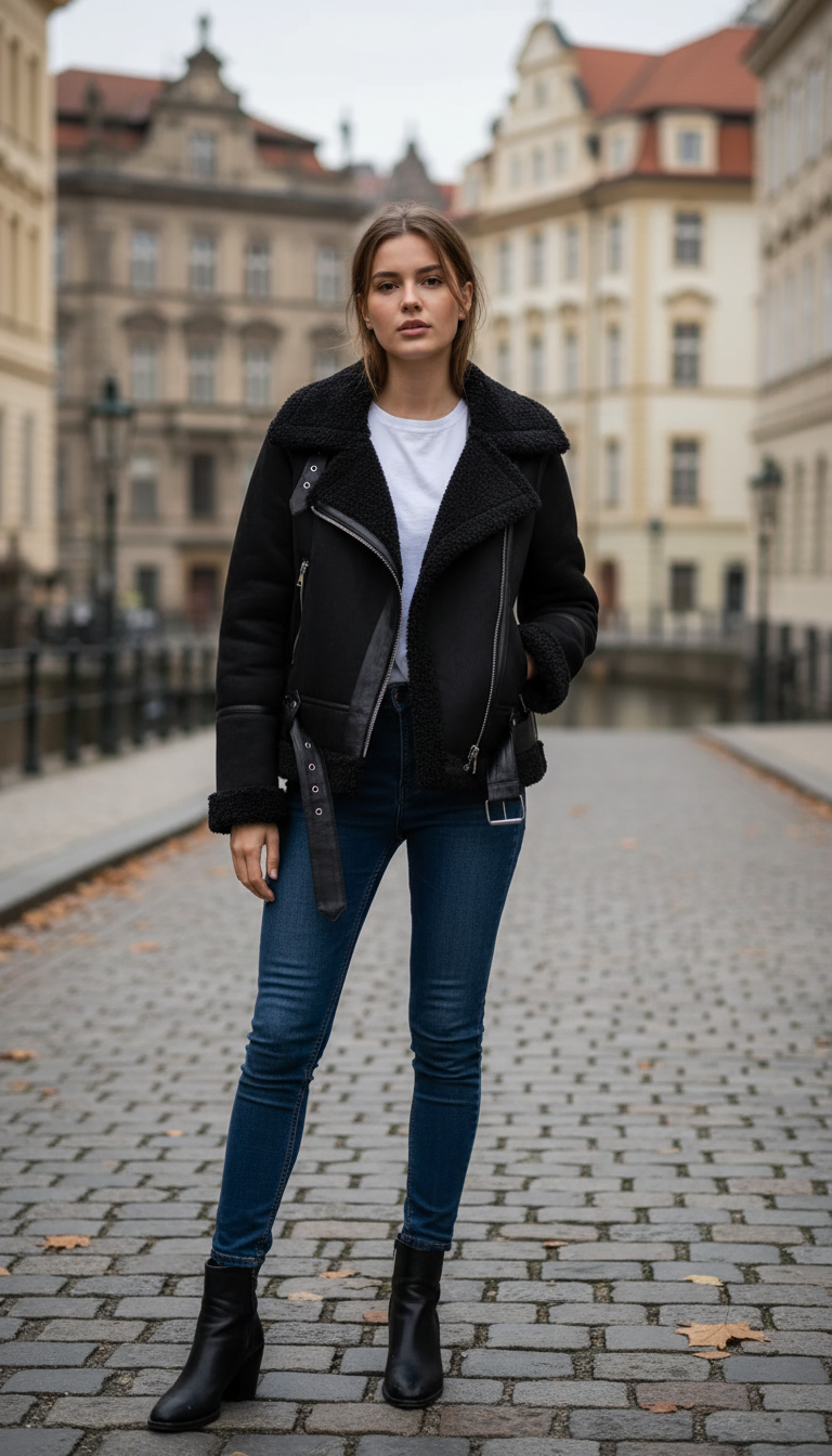 Women's Faux Shearling Moto Jacket - Warm Suede - Front View