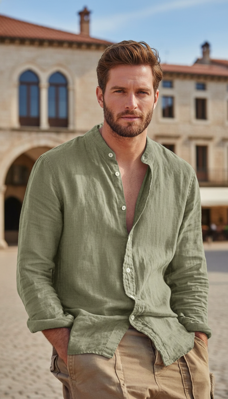 Men's Linen Long Sleeve Shirt – Stand Collar - Image 7