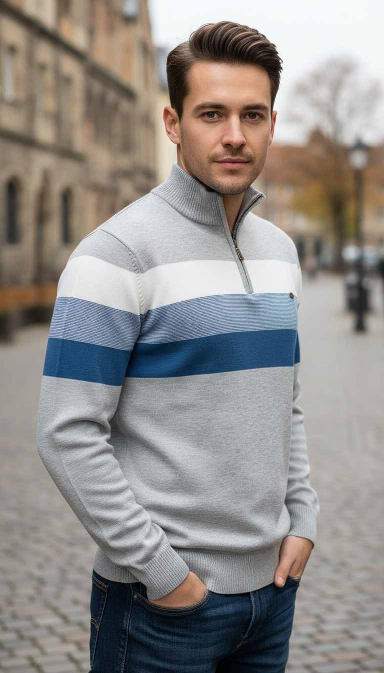 Men's Patchwork Pullover Sweater - Cotton Mock Neck - Image 18