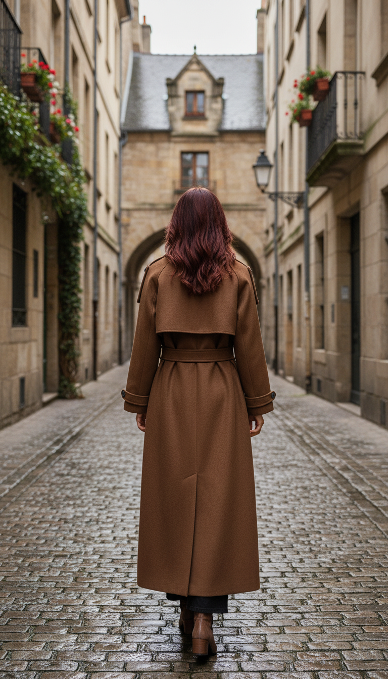 OURYE Women's Wool Trench Coat - Double-Breasted in Camel