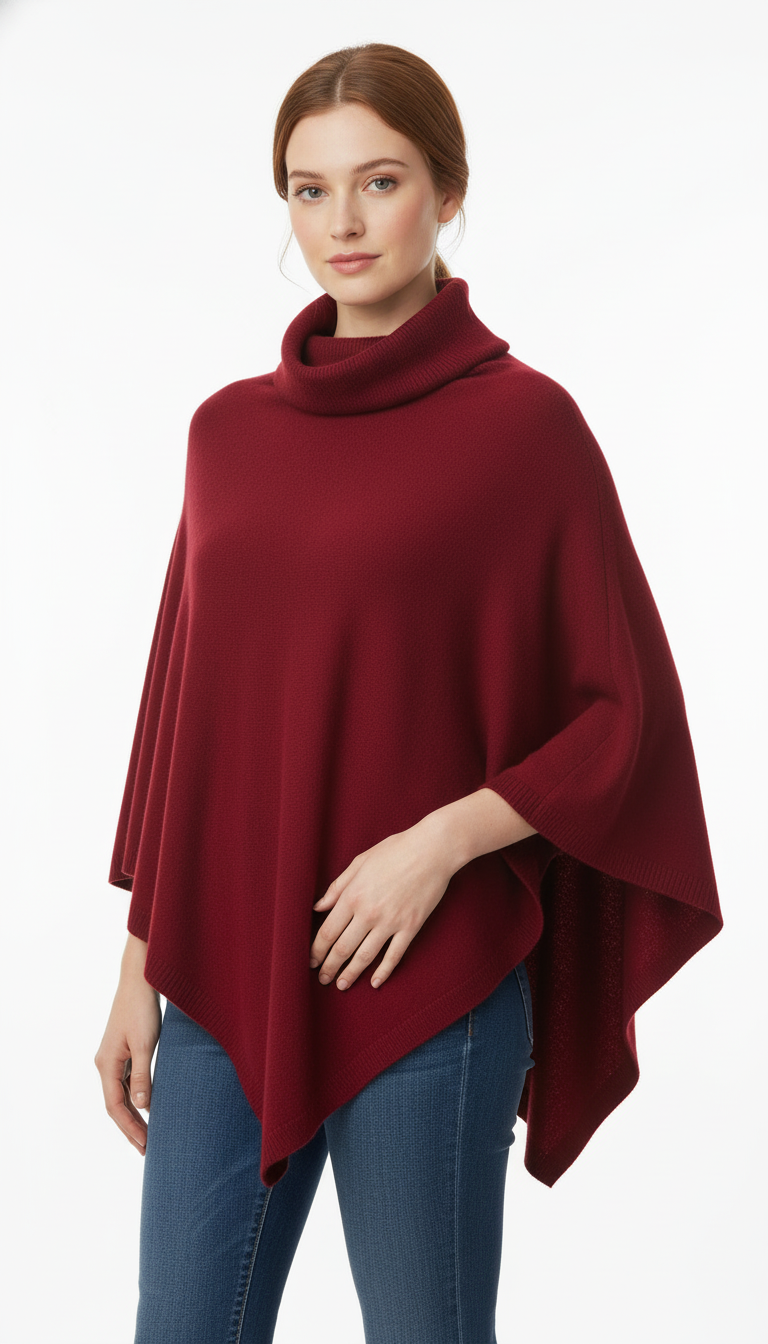 Women's Wool Turtleneck Poncho - Knit Shawl Cape Pullover