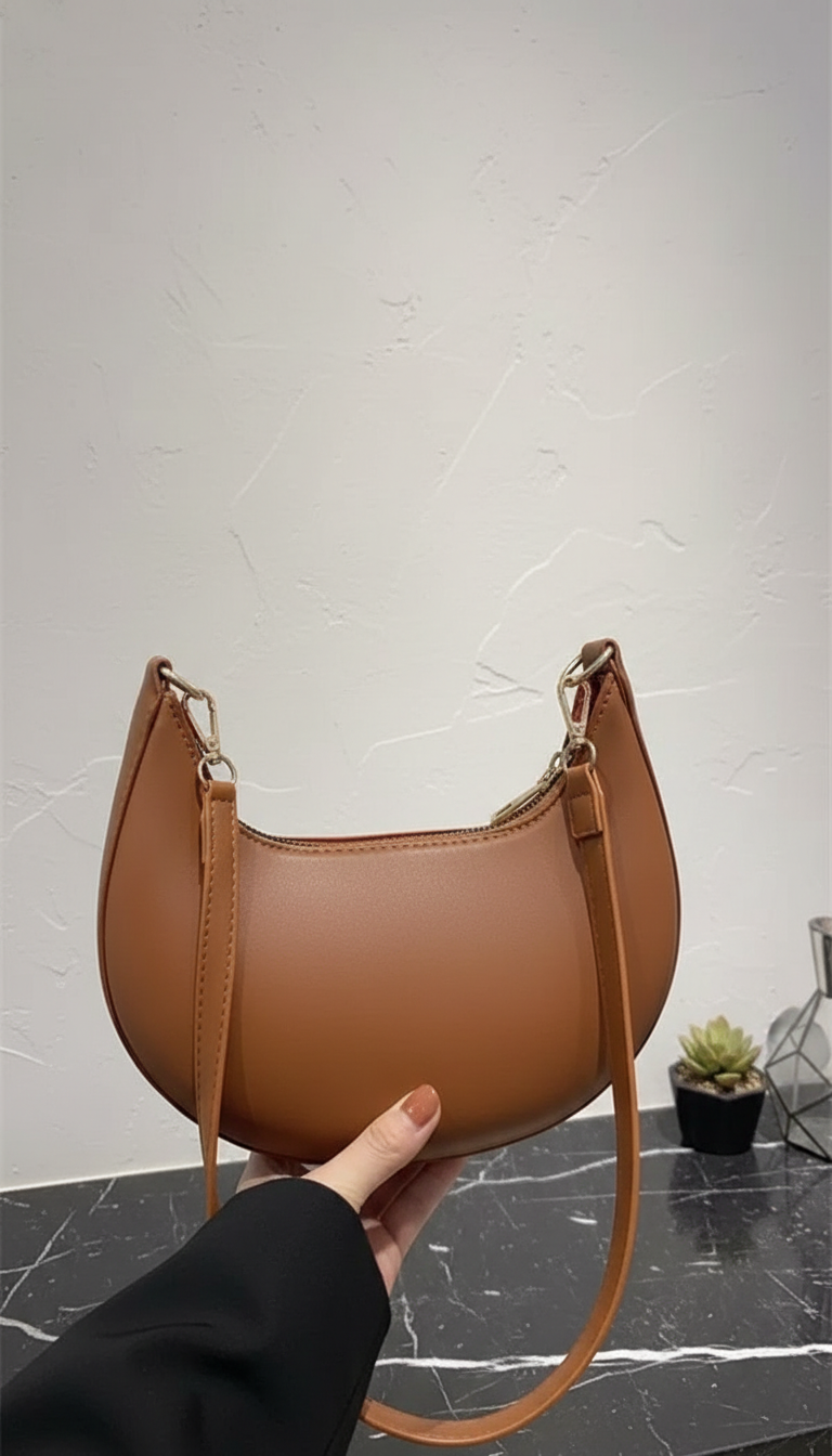 Women's Moon-Shaped Baseball Shoulder Bag - Luxury High-End - Detail Close-Up