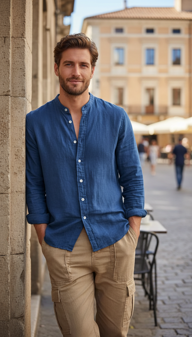 Men's Linen Long Sleeve Shirt – Stand Collar - Image 12
