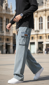 Men's Wide Leg Cargo Jeans - Loose Fit Cotton Pants Plus Size to 8XL