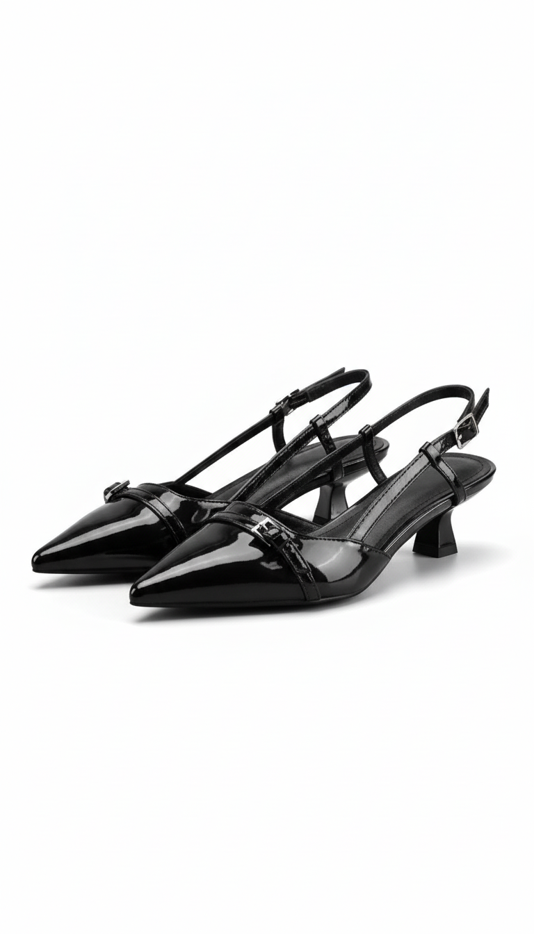 Women's Patent Leather Sandals - Pointed Toe Slingback Mid Heel Pumps with Buckle for Summer