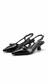 Women's Patent Leather Sandals - Pointed Toe Slingback Mid Heel Pumps with Buckle for Summer