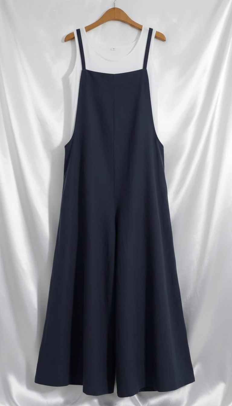 Women's Cotton Linen Wide Leg Overalls - Sleeveless - Detail Close-Up