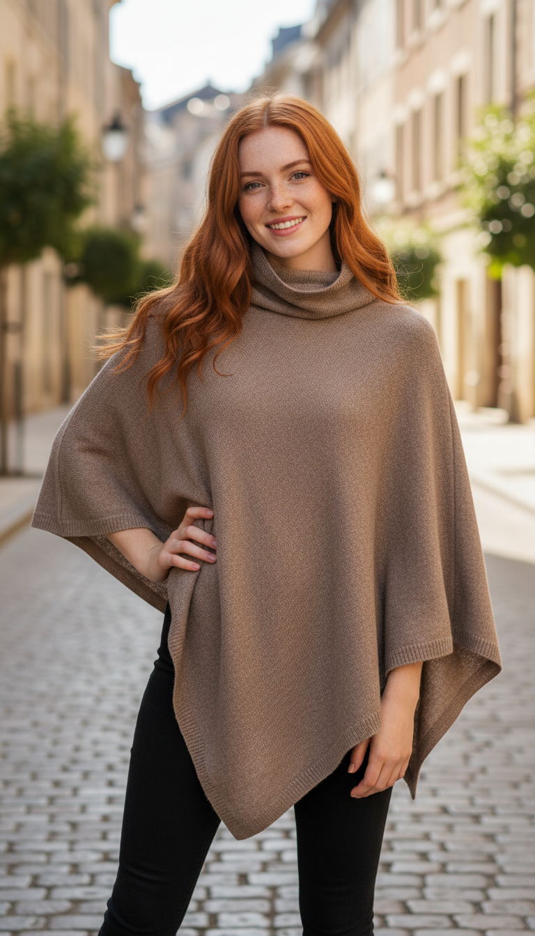 Women's Wool Turtleneck Poncho - Knit Shawl Cape - Detail Close-Up