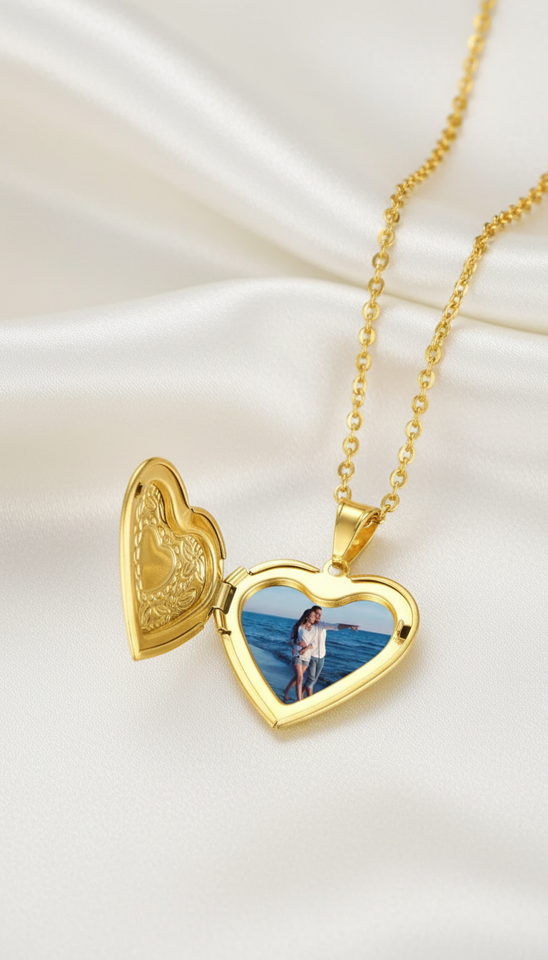 Heart Locket Pendant Necklace - Stainless Steel Memorial - Side View