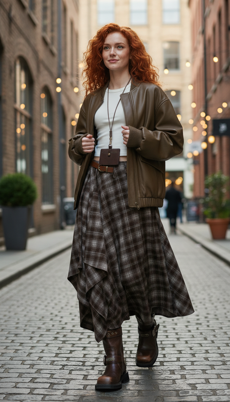 Plaid A-Line Midi Skirt – Women's High-Waist Retro - Back View
