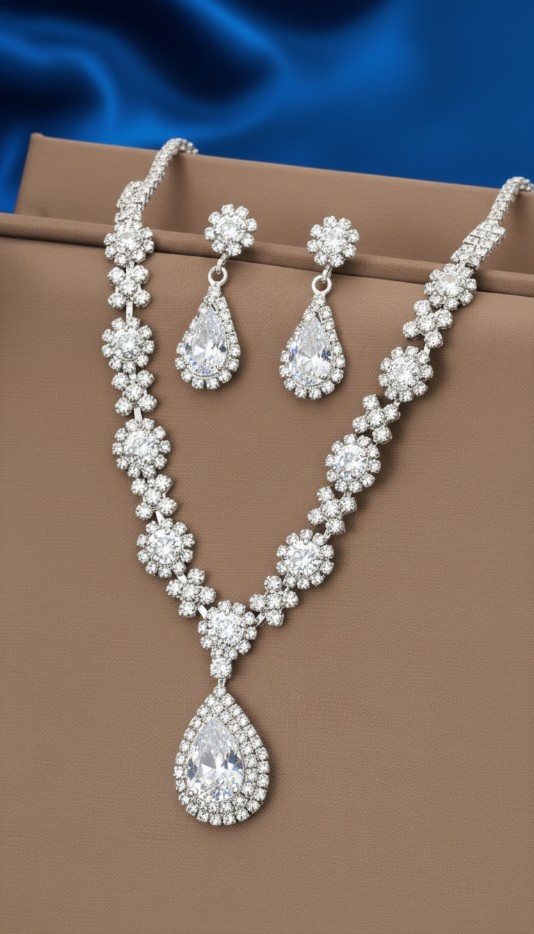Crystal Teardrop Necklace and Earring Set - 3-Piece - Back View