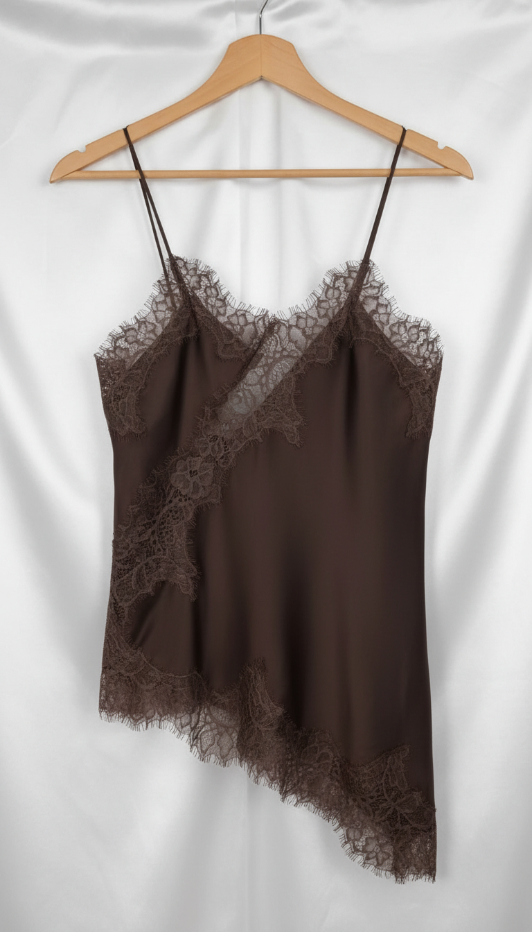 Women's Asymmetrical Satin Slip Top - Off-Shoulder Lace - Back View