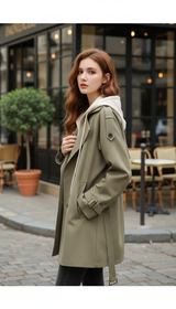 Women's Hooded Trench Coat - Double Breasted Belted - Front View