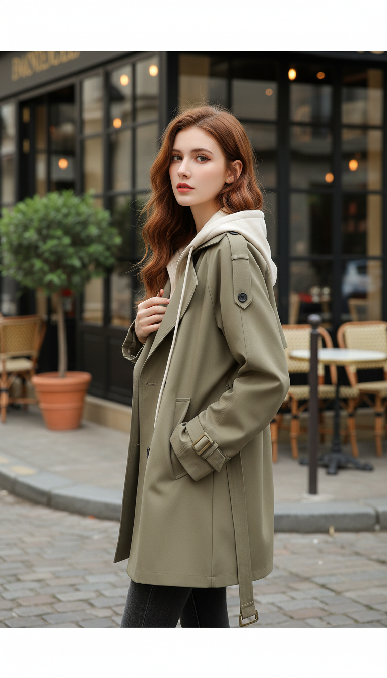 Women's Hooded Trench Coat - Double Breasted Belted - Front View