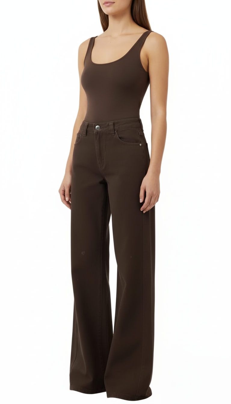 OURYE Women's Denim Wide Leg Jeans - High Waist in Chocolate
