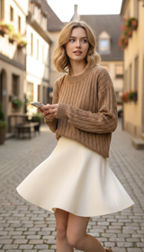 Knitted Mini Skirt – Women's High-Waist Pleated A-Line - Front View