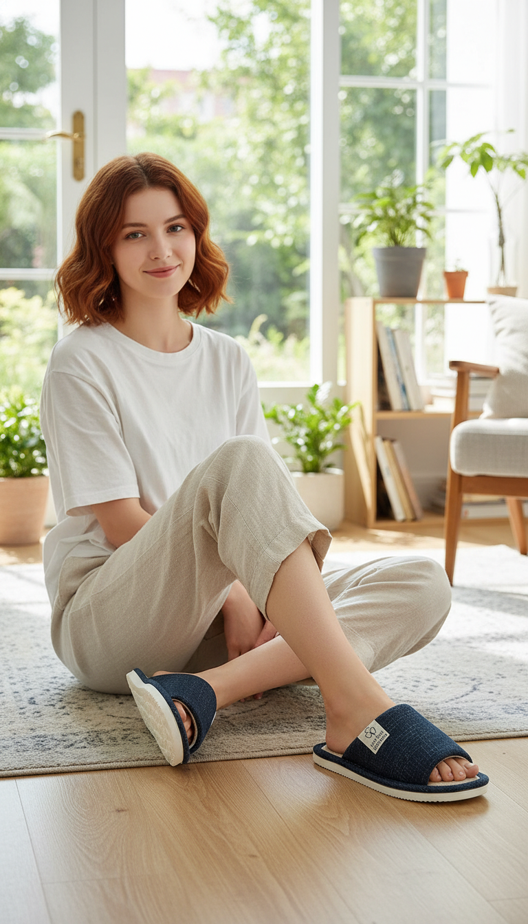 Unisex Linen Slippers - Open-Toe Breathable Indoor House - Front View