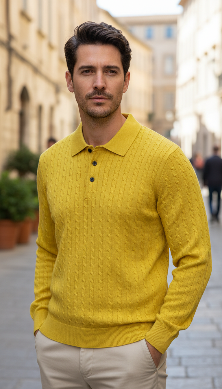 Men's Cable Knit V-Neck Pullover Sweater - Heavyweight - Detail Close-Up