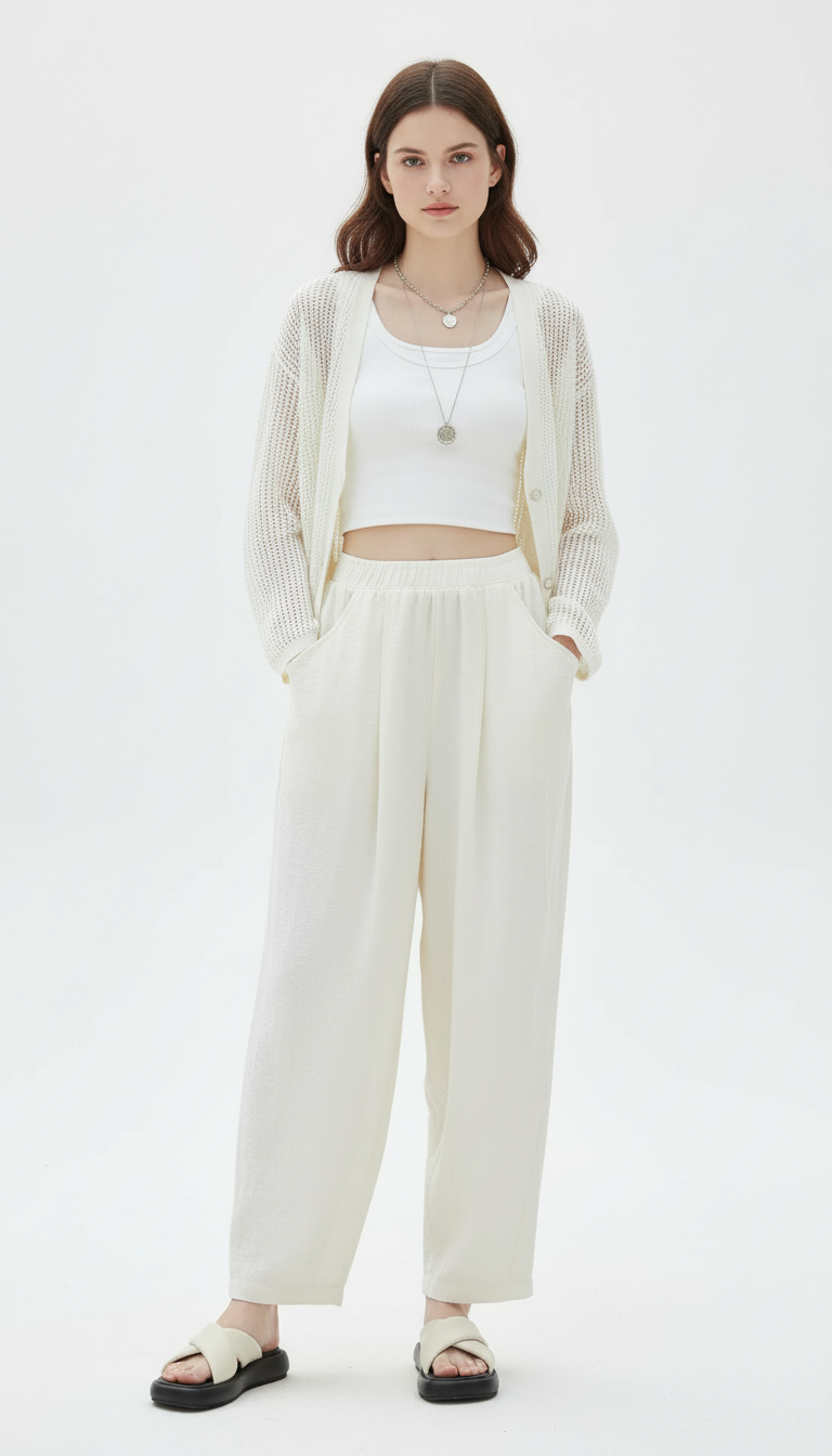 Women's High-Waisted Pleated Wide Leg Pants - Elastic Waist Ankle-Length Trousers