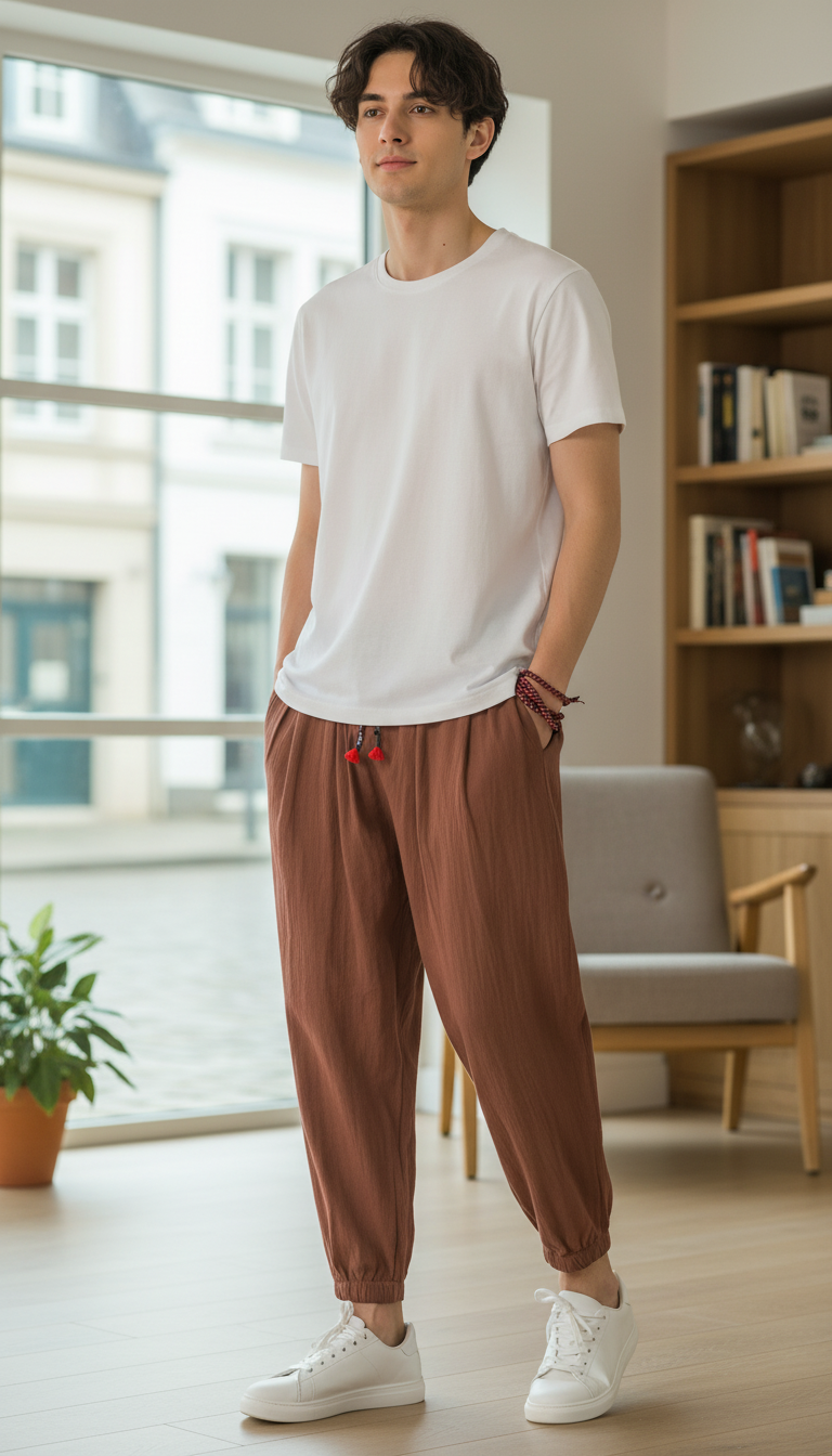 Herren lässige unifarbene Haremshose aus Baumwolle und Leinen, locker sitzende Übergröße Strandhose, Jogginghose, Herren weite Beinhose