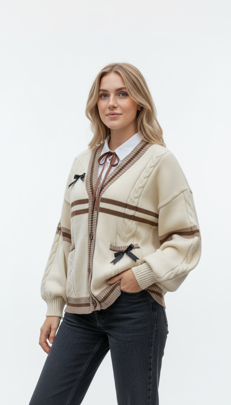 Damen Süßer Strickjacken mit Schleife – Japanischer Preppy-Stil Strickmantel mit V-Ausschnitt in Kontrastfarbe für Herbst Winter