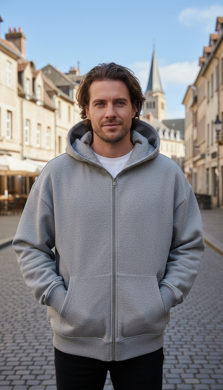 OURYE Men's Cotton Zip Hoodie - Relaxed in Black