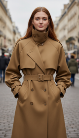 Women's Long Khaki Trench Coat - Double Breasted - Front View