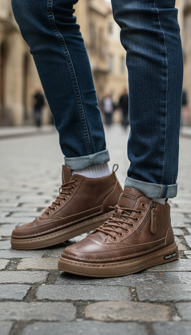 Men's Warm Plush Leather Boots - Mid-Calf Lace-Up - Detail Close-Up