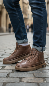 Men's Warm Plush Leather Boots - Mid-Calf Lace-Up - Detail Close-Up