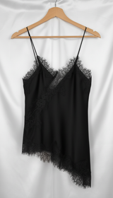 Women's Asymmetrical Satin Slip Top - Off-Shoulder Lace - Side View