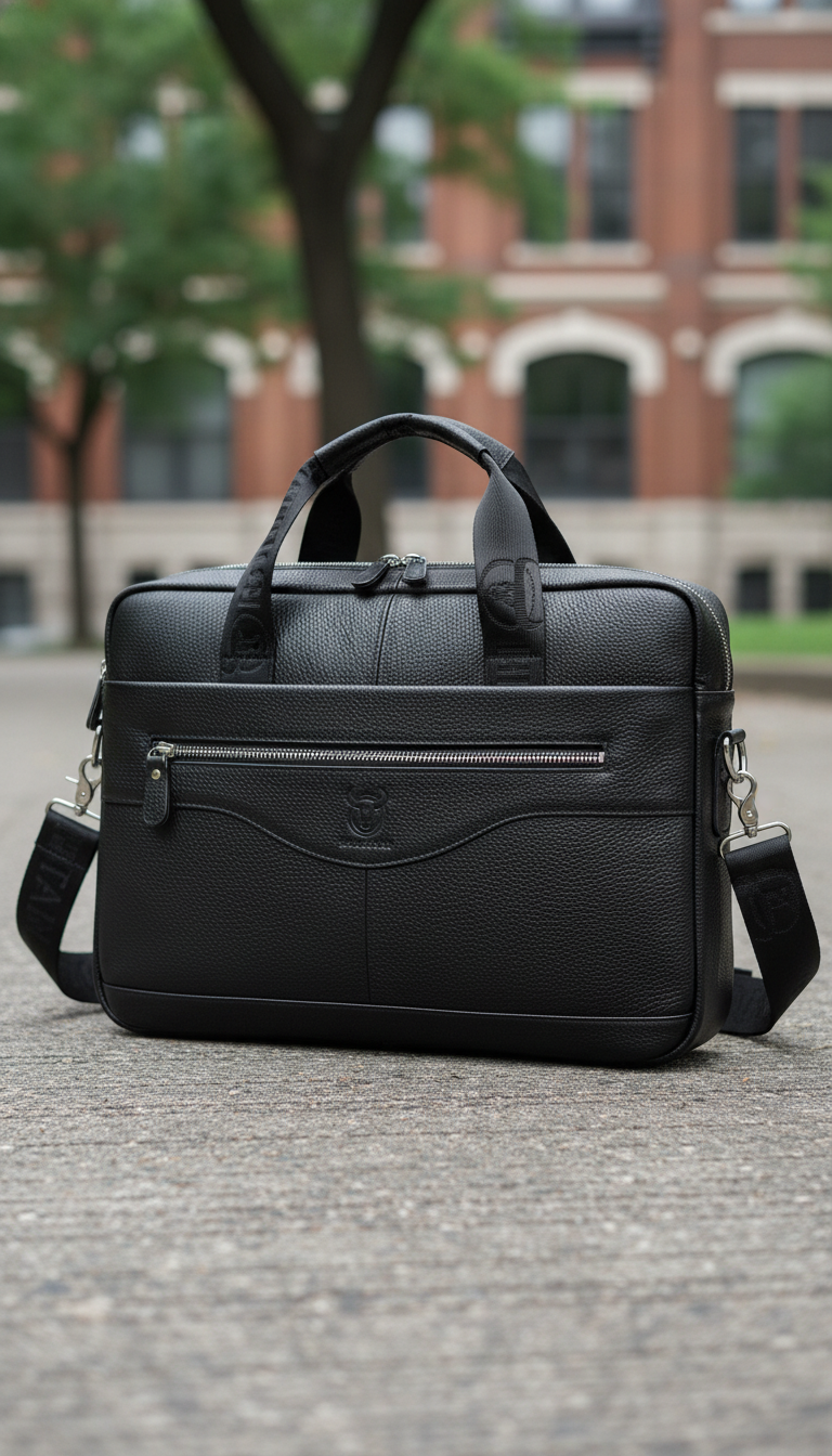 Genuine Leather Briefcase – Men's 14-Inch Laptop Messenger - Detail Close-Up