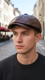 Men's Genuine Leather Beret Hat - Cowhide Duck - Detail Close-Up