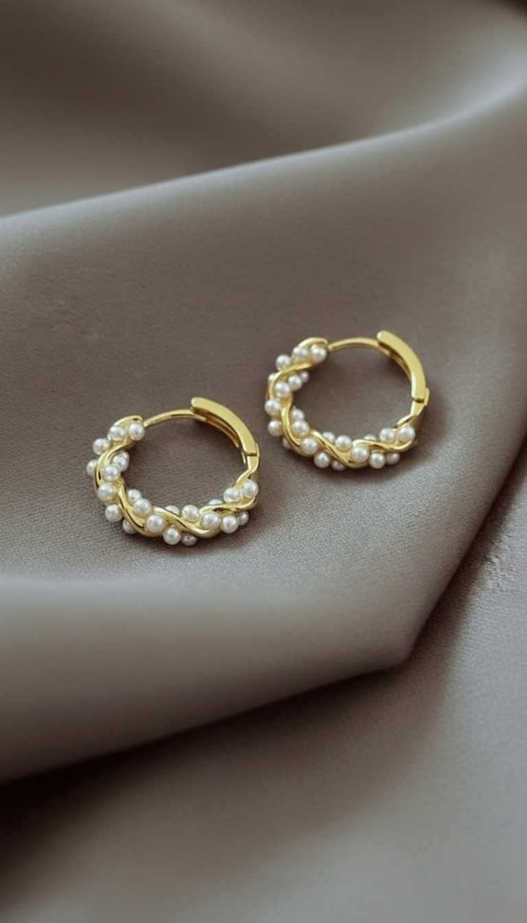 Pearl Circle Hoop Earrings - French-Inspired Small Round - Side View