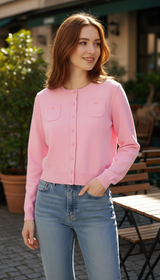OURYE women's wool knit cardigan — Styling detail