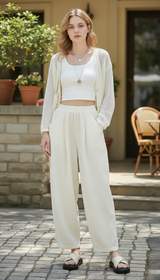 Women's High-Waisted Pleated Wide Leg Pants - Elastic Waist Ankle-Length Trousers