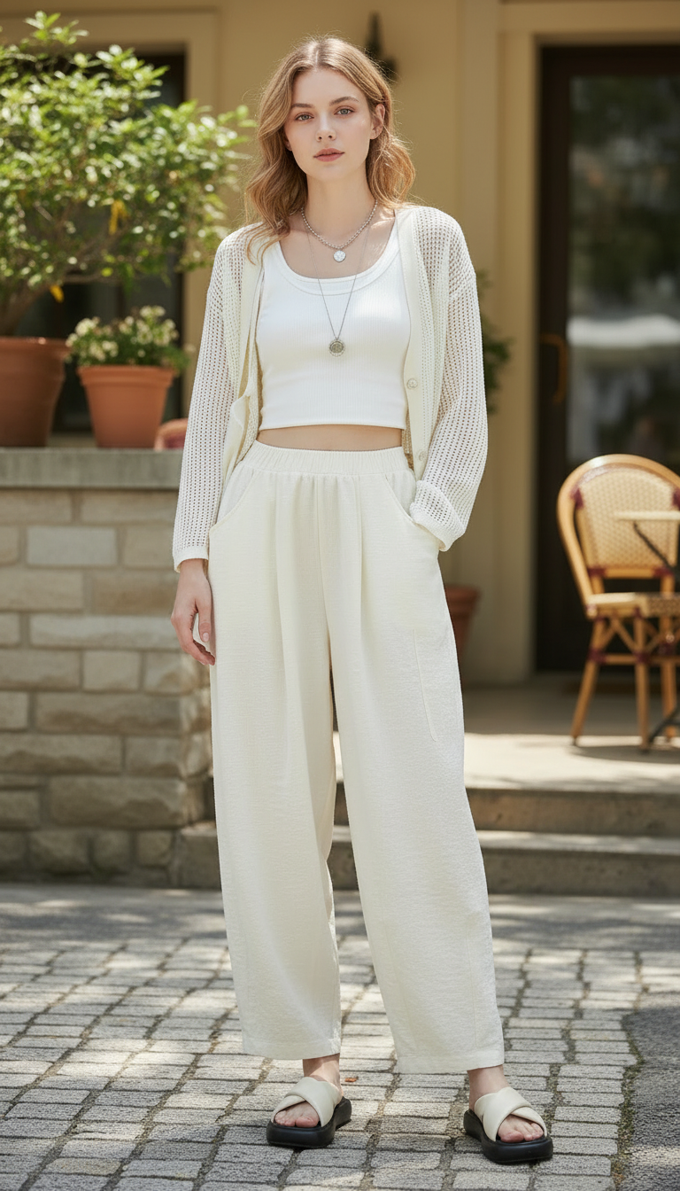 Women's High-Waisted Pleated Wide Leg Pants - Elastic Waist Ankle-Length Trousers