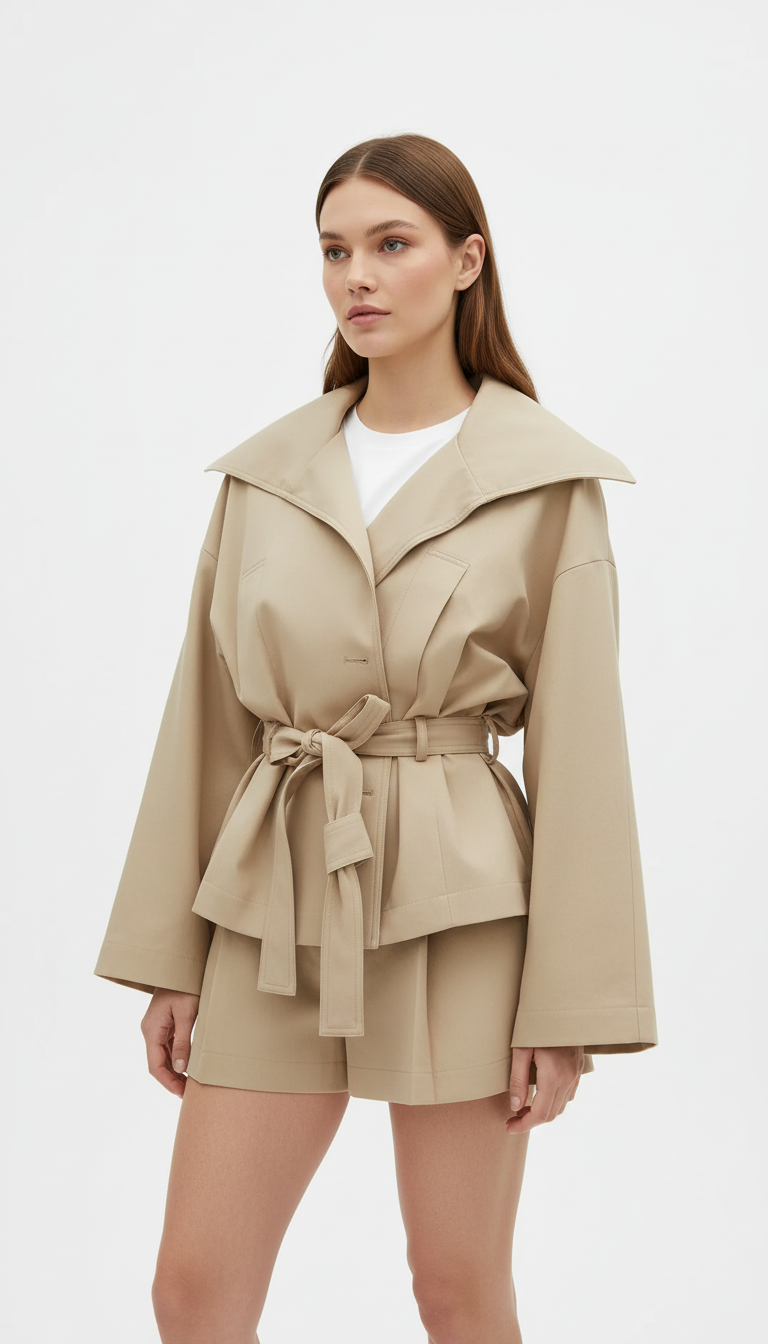 OURYE Women's Belted Jacket Two-Piece Set - Relaxed in Camel