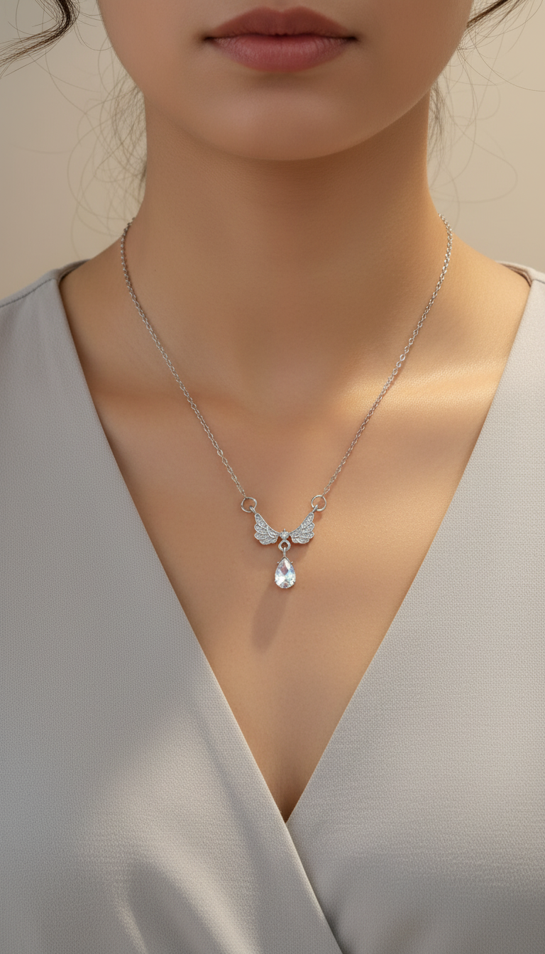 Pink Bow Star Pendant Necklace - Rhinestone Clavicle - Front View