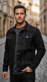 Men's Solid Denim Jacket - Slim Fit Vintage - Detail Close-Up