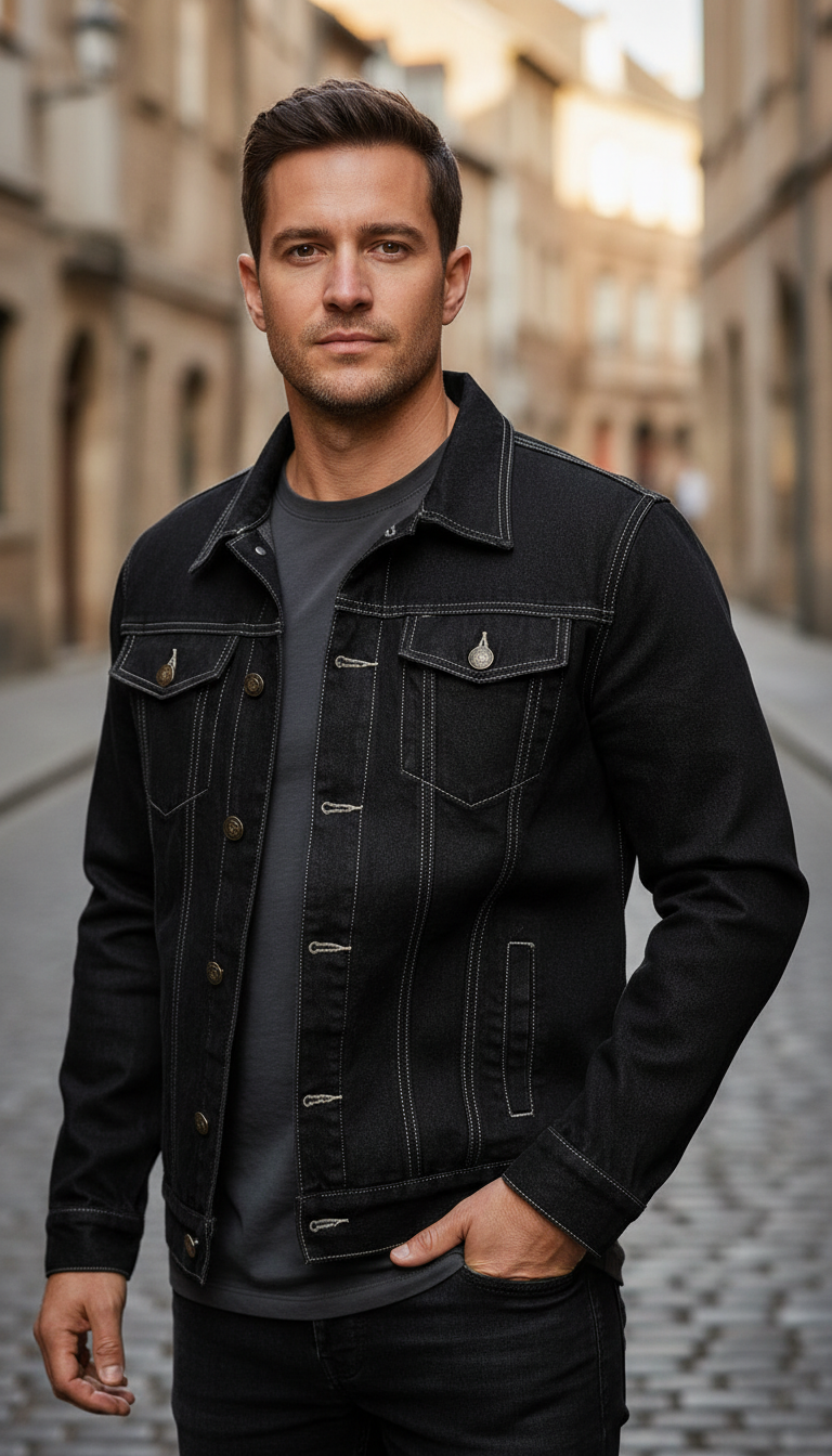 Men's Solid Denim Jacket - Slim Fit Vintage - Detail Close-Up