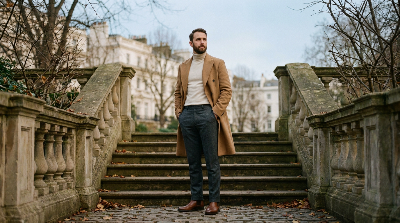 European man in camel overcoat on Belgravia London staircase